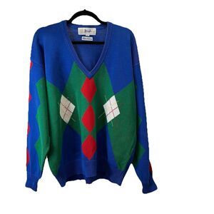 Pringle of Scotland Vintage V Neck Sweater Argyle Golf Style Cotton Mens Size L